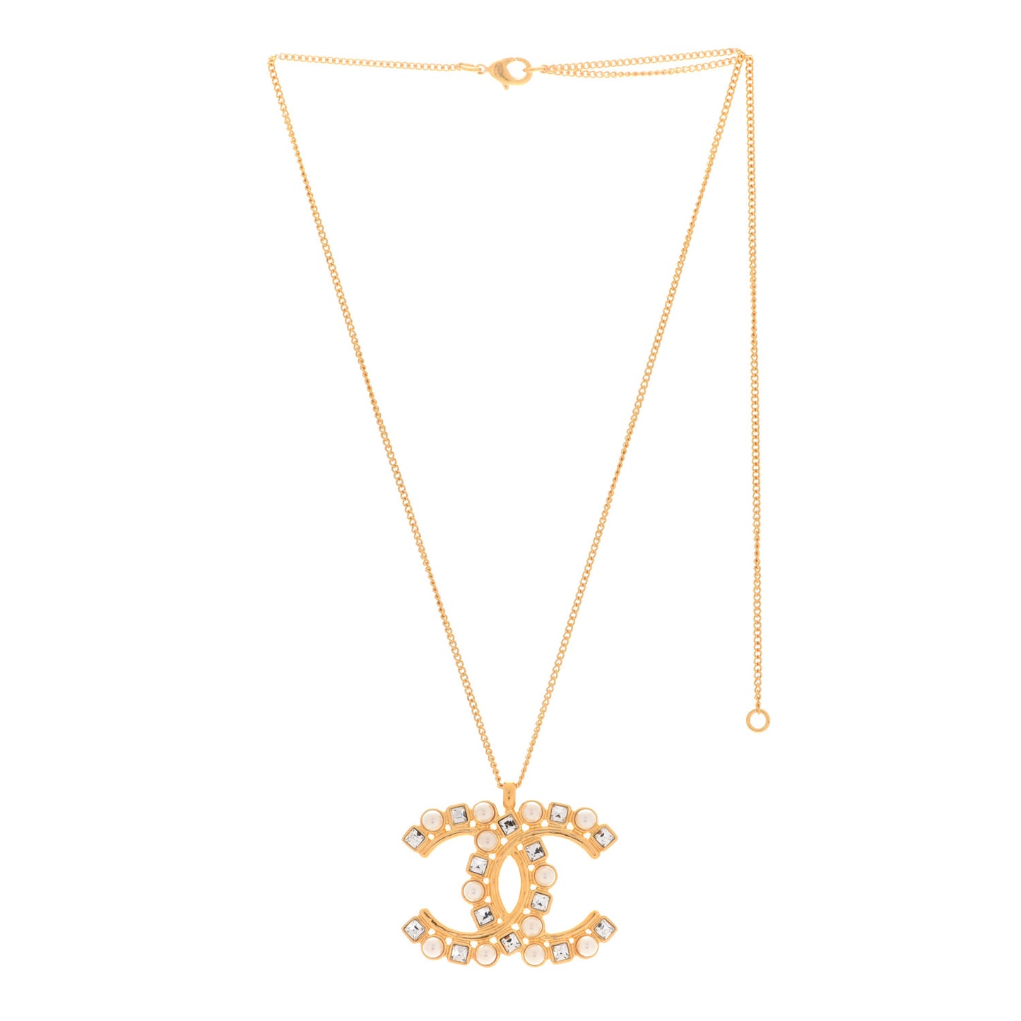 Crystal Pearl CC Pendant Necklace Gold