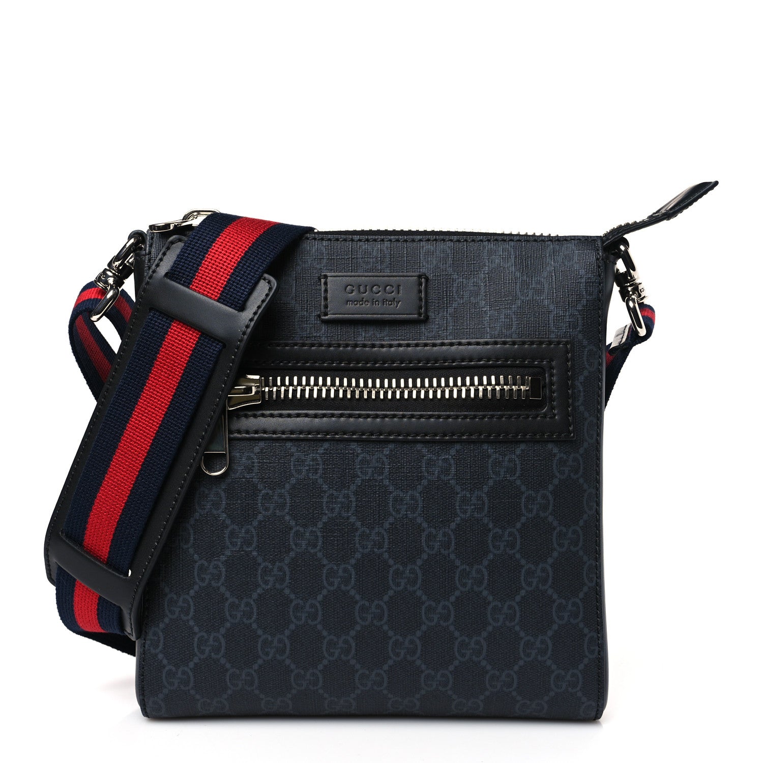 Gucci GG Supreme Monogram Web Small Flat Messenger Bag Black Grey 1 of 9