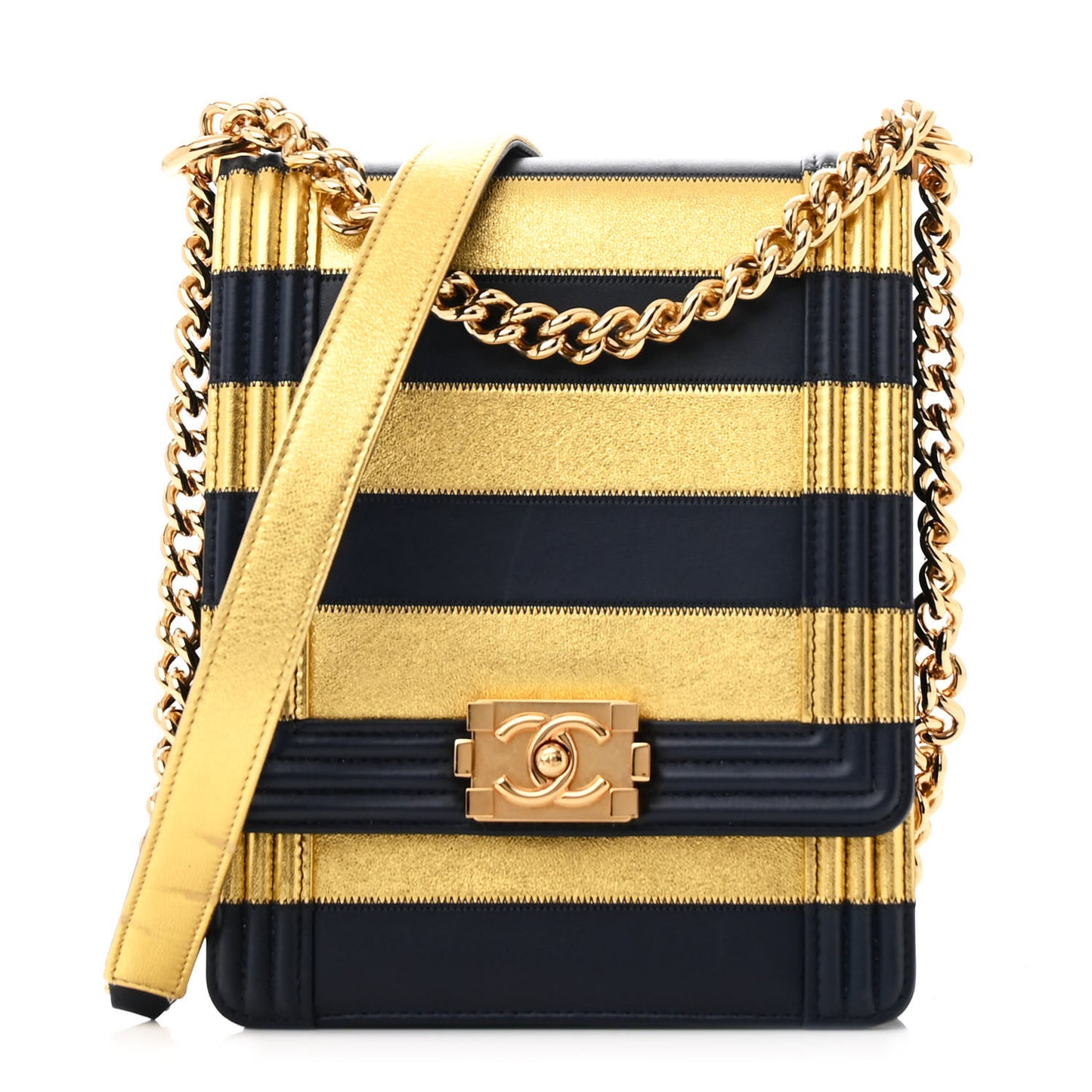 Metallic Lambskin Striped North South Boy Flap Navy Gold