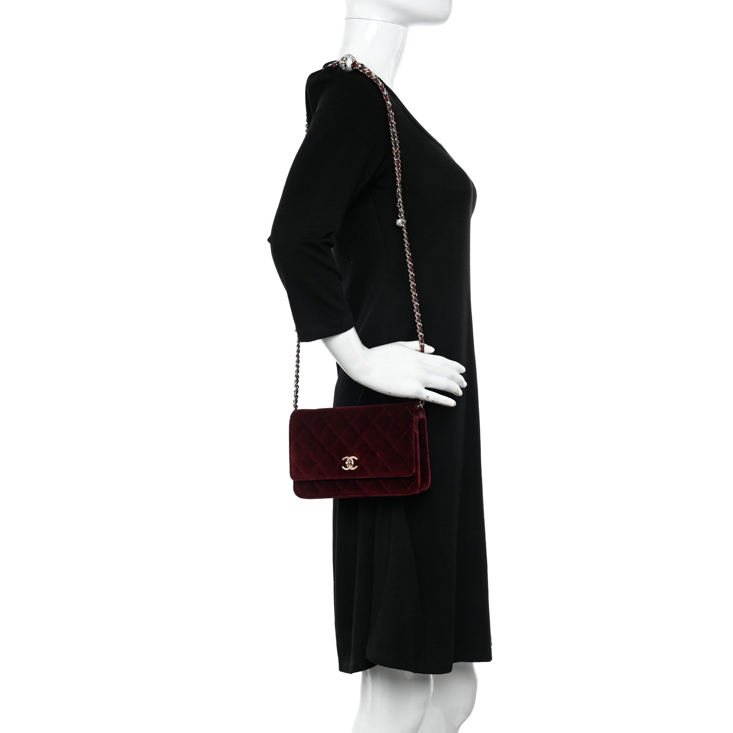 Chanel Velvet Quilted Pearl Crush Wallet On Chain WOC Burgundy 2 of 12