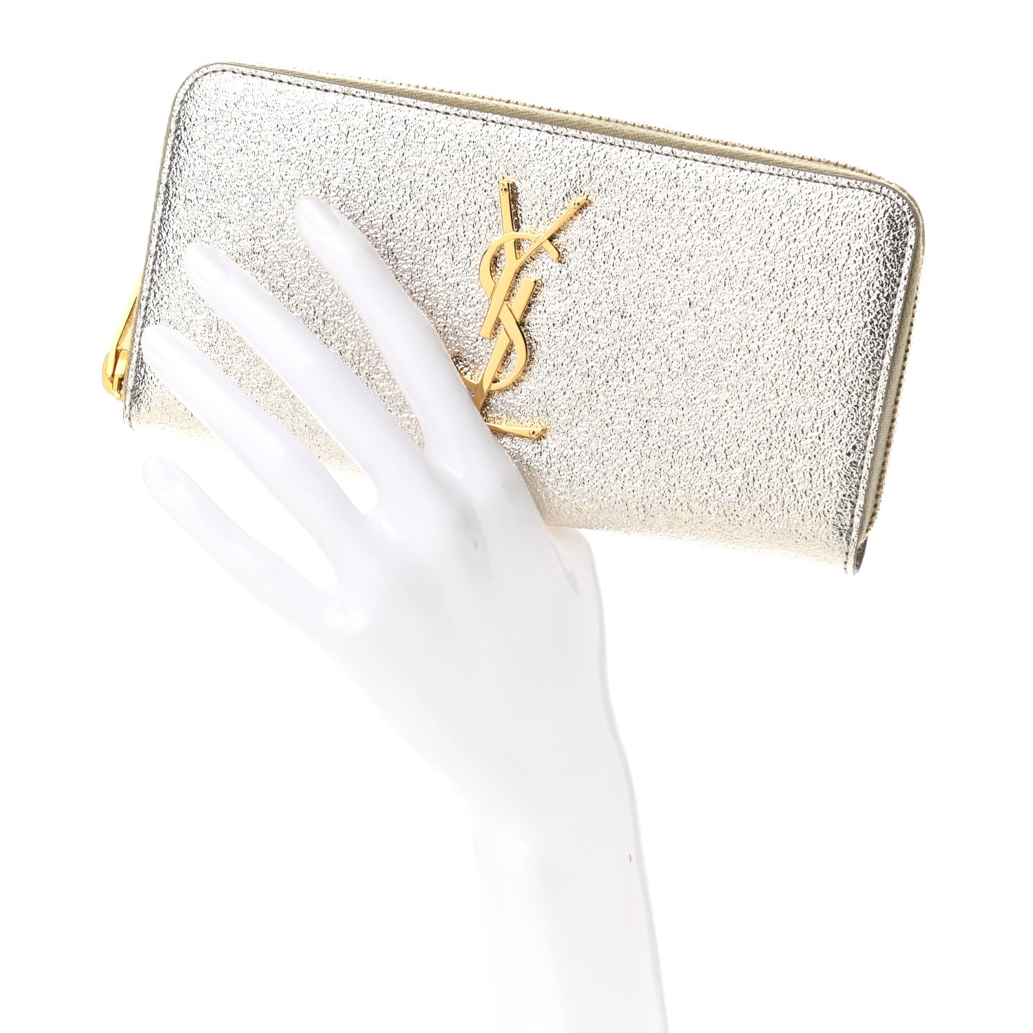 Saint Laurent Calfskin Metallic Monogram Continental Zip Around Wallet Silver 2 of 8