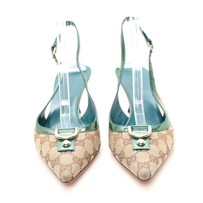 Gucci GG Monogram Patent 75mm Slingback Pumps 11 Beige Green 3 of 10