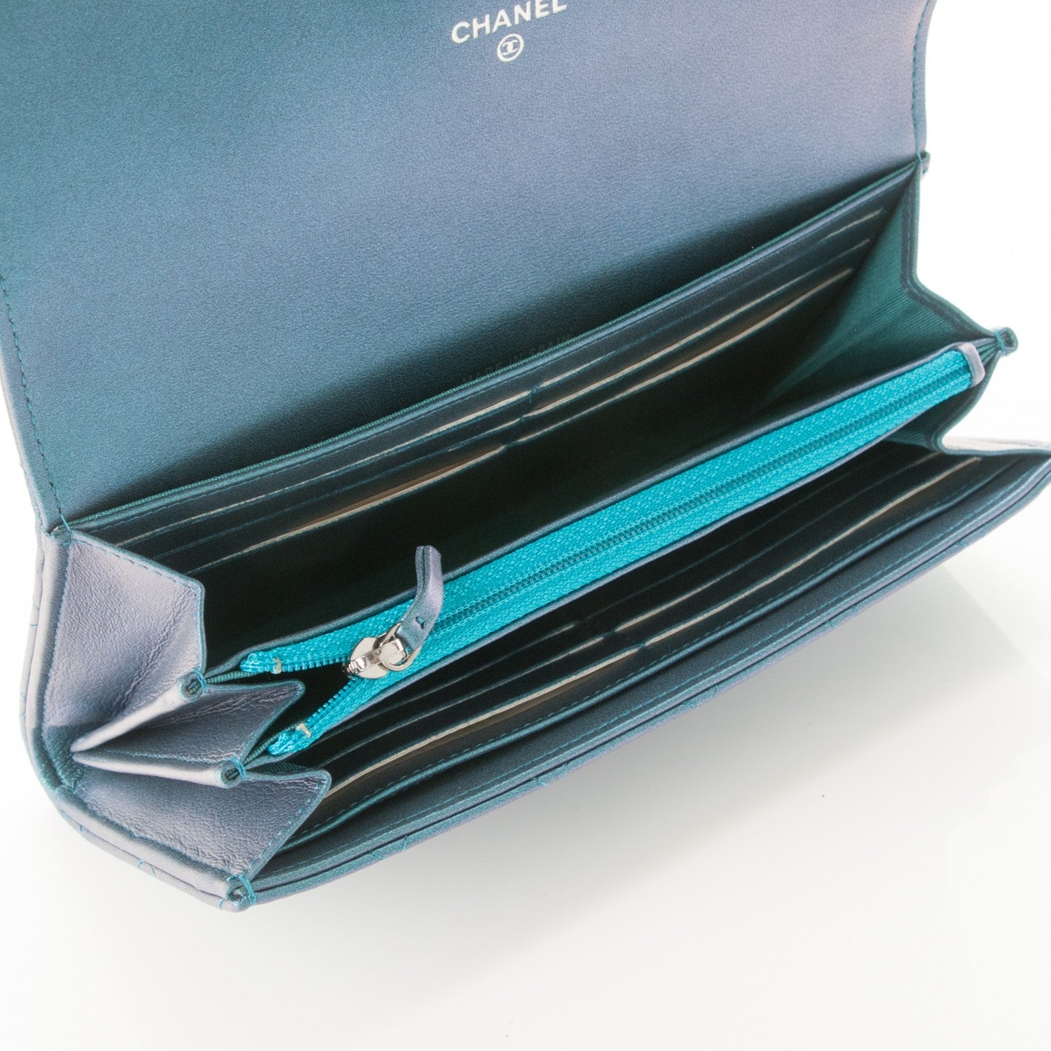 Chanel Metallic Lambskin Quilted Large Gusset Flap Wallet Turquoise 7 of 8