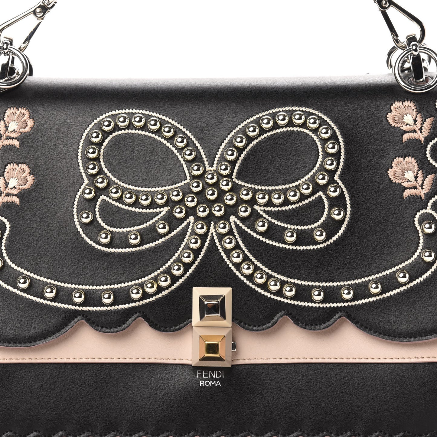 Vitello Liberty Pearl Bi-Color Flowers and Bow Scalloped Studded Kan I Shoulder Bag Black Soap
