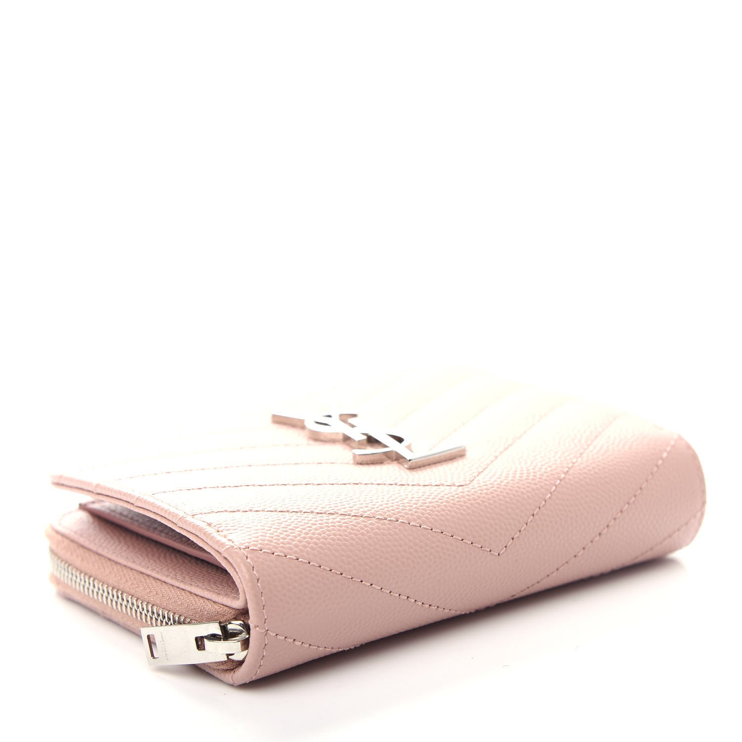 Saint Laurent Grain De Poudre Matelasse Chevron Monogram Compact Zip Around Wallet Pink 4 of 8