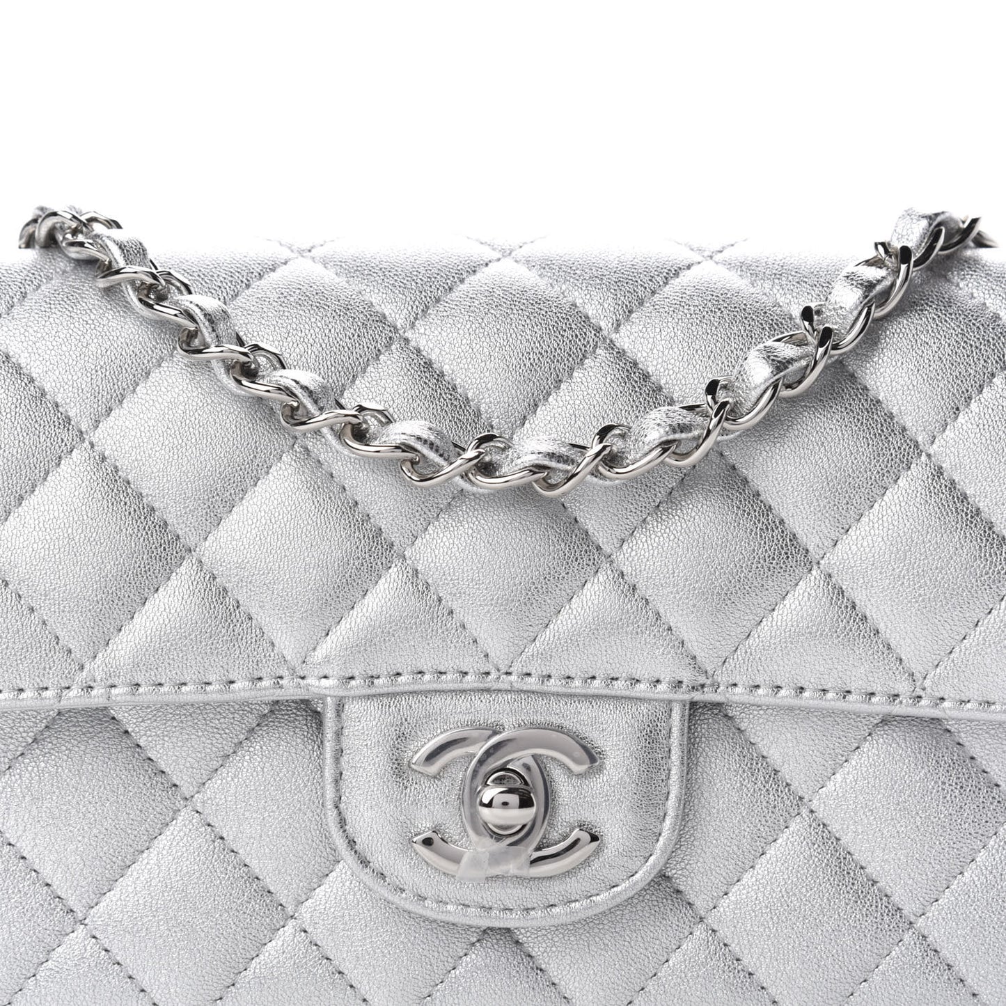 Metallic Lambskin Quilted Mini Rectangular Flap Silver