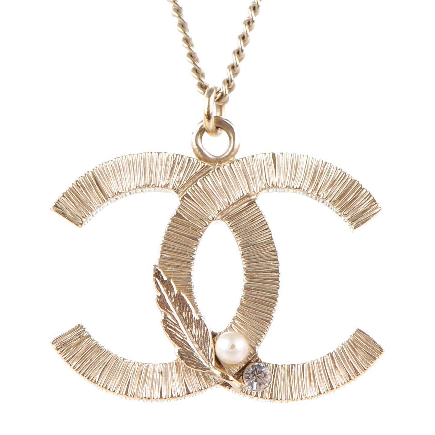 Pearl Feather CC Pendant Necklace Gold