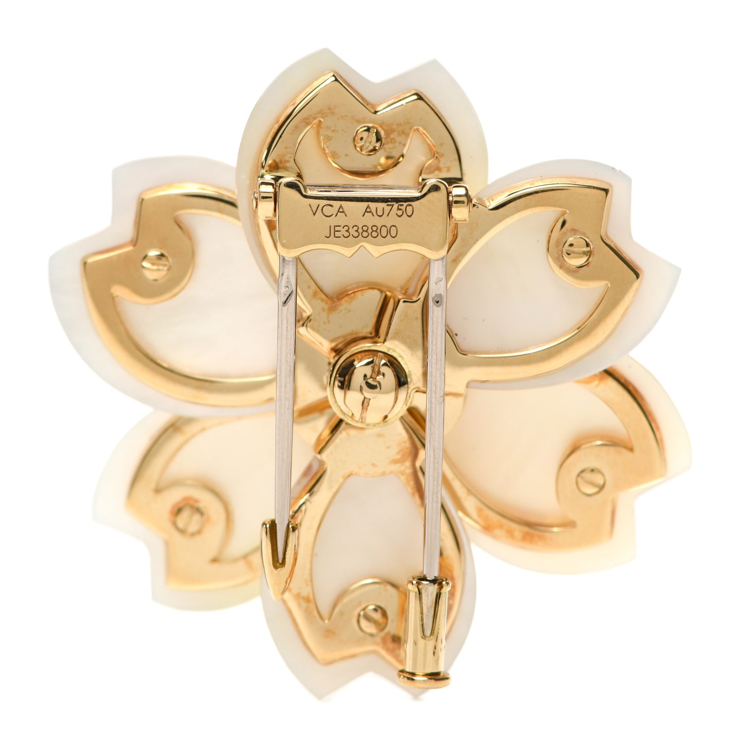 18K Yellow Gold Diamond Mother of Pearl Medium Rose De Noel Flower Brooch Pin