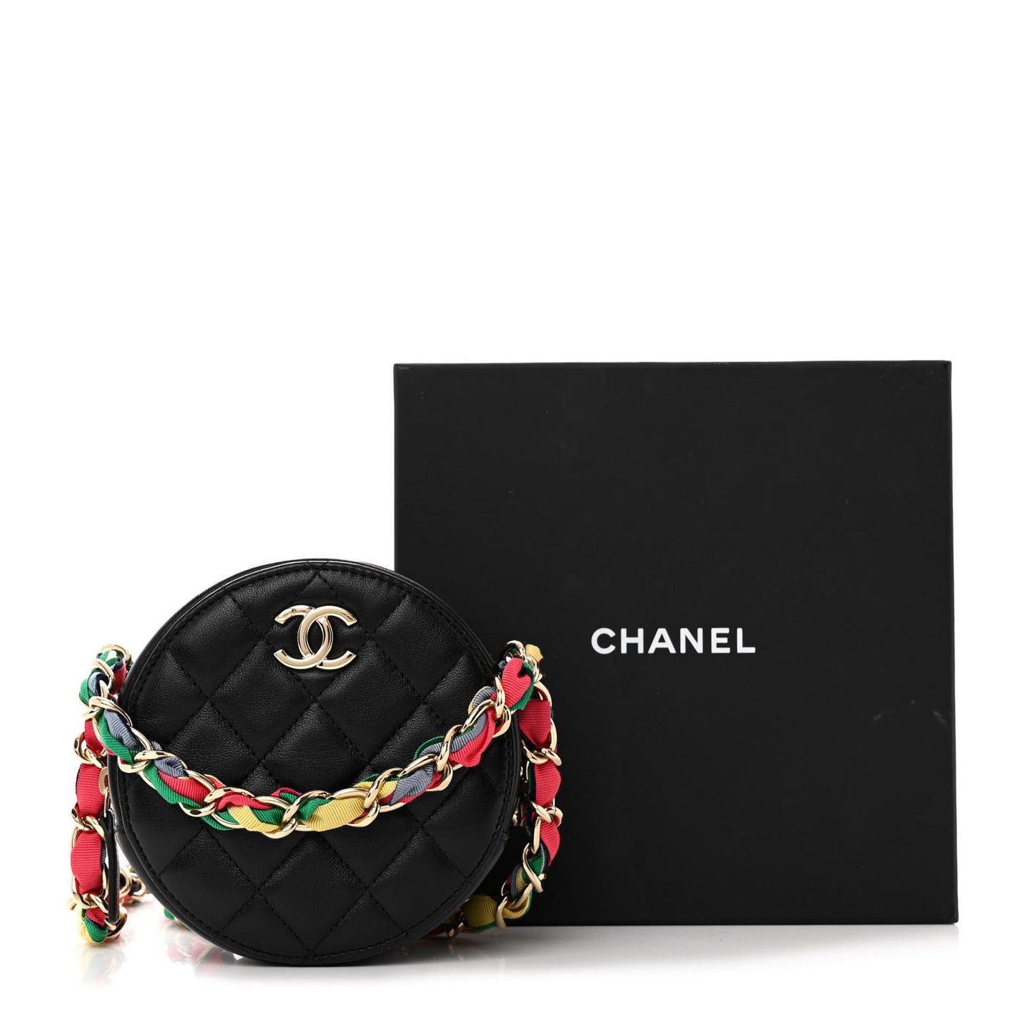 Shiny Lambskin Ribbon Quilted Round Clutch With Chain Black