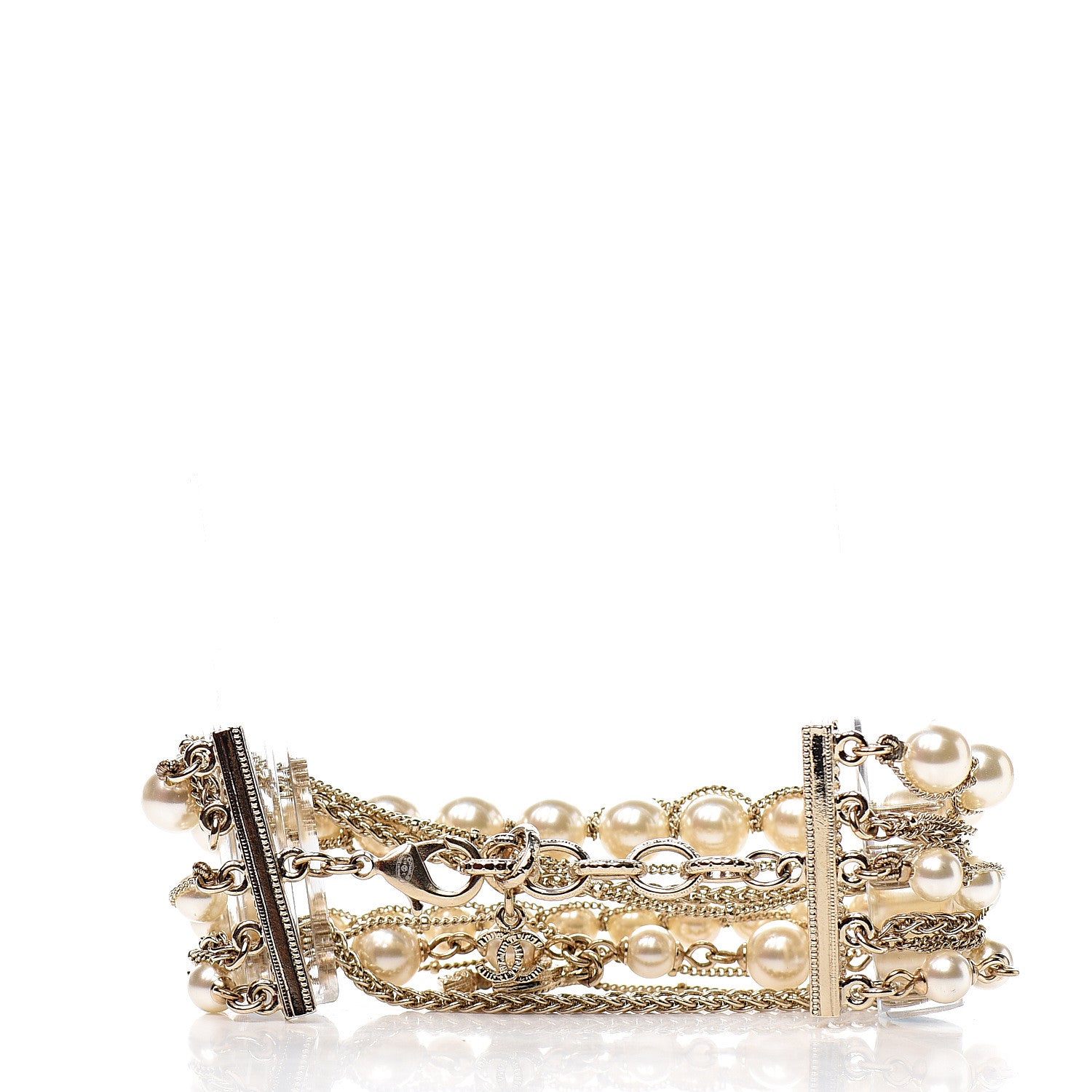 Chanel Metal Pearl Multistrand Chain CC Bracelet Gold 2 of 4