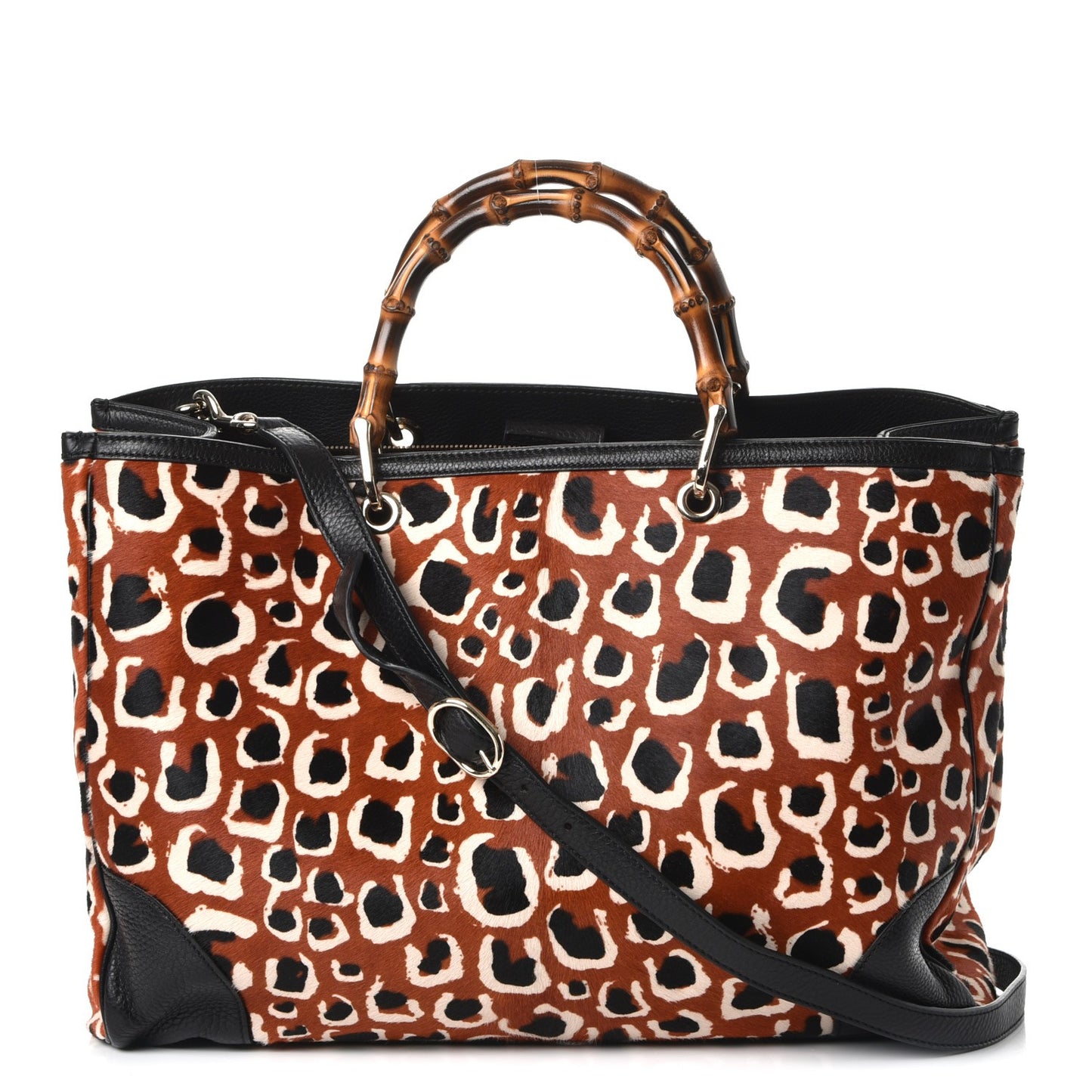 Calf Hair Leopard Print Large Bamboo Shopper Tote Red