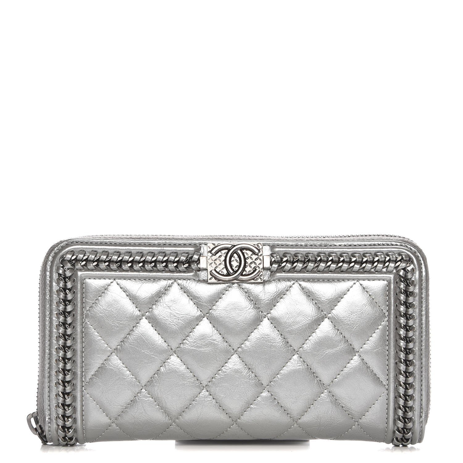 Chanel Metallic Calfskin Quilted Boy Chain Large Gusset Zip Around Wallet Silver 1 of 9