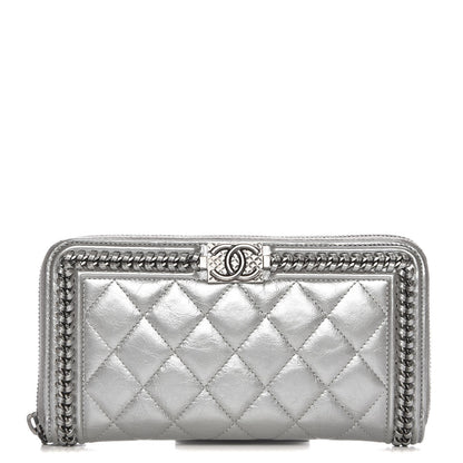 Chanel Metallic Calfskin Quilted Boy Chain Large Gusset Zip Around Wallet Silver 1 of 9