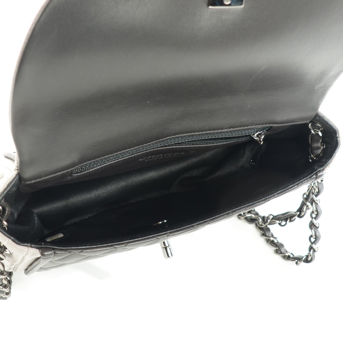 Lambskin Quilted Classic Twist Crescent Flap Black Grey