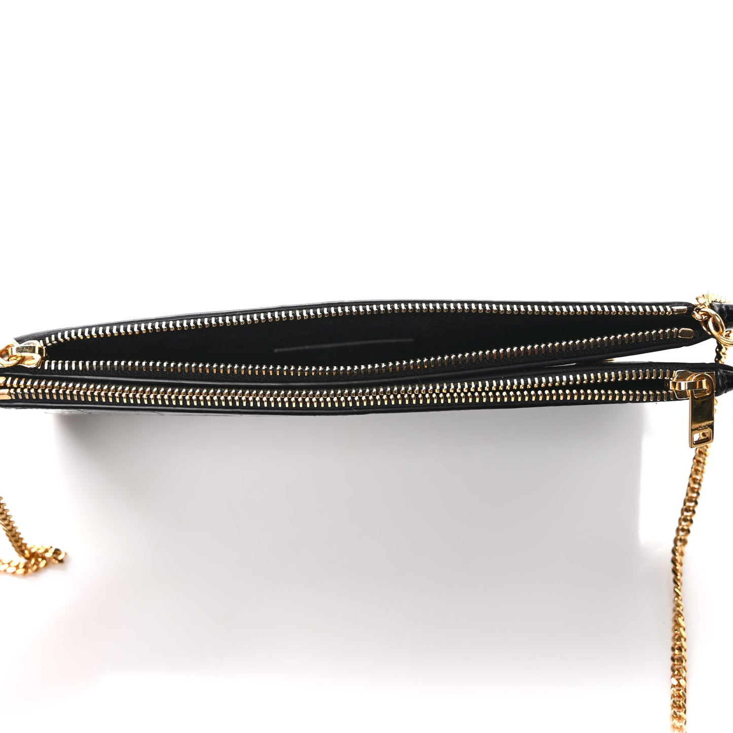 Calfskin Crocodile Embossed Double Pouch On Chain Black