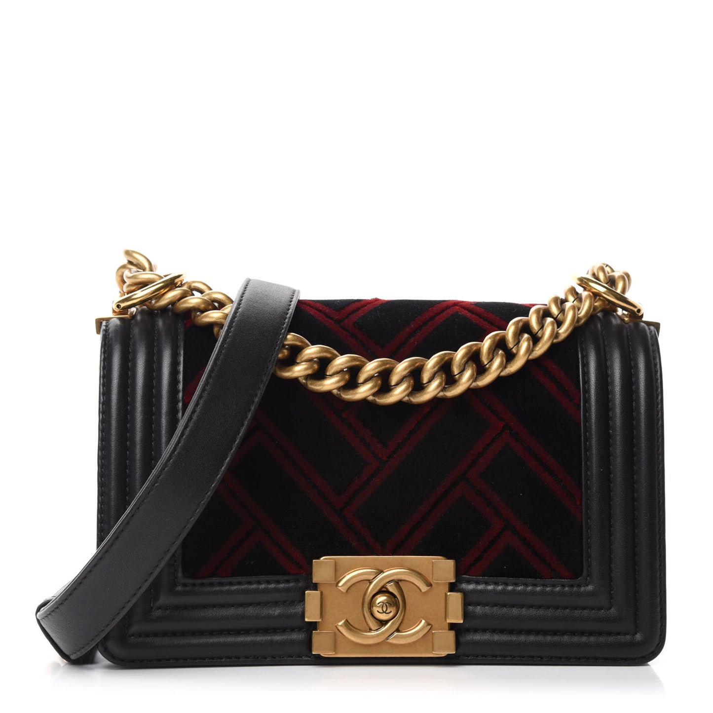 Calfskin Velvet Small Boy Flap Black Red