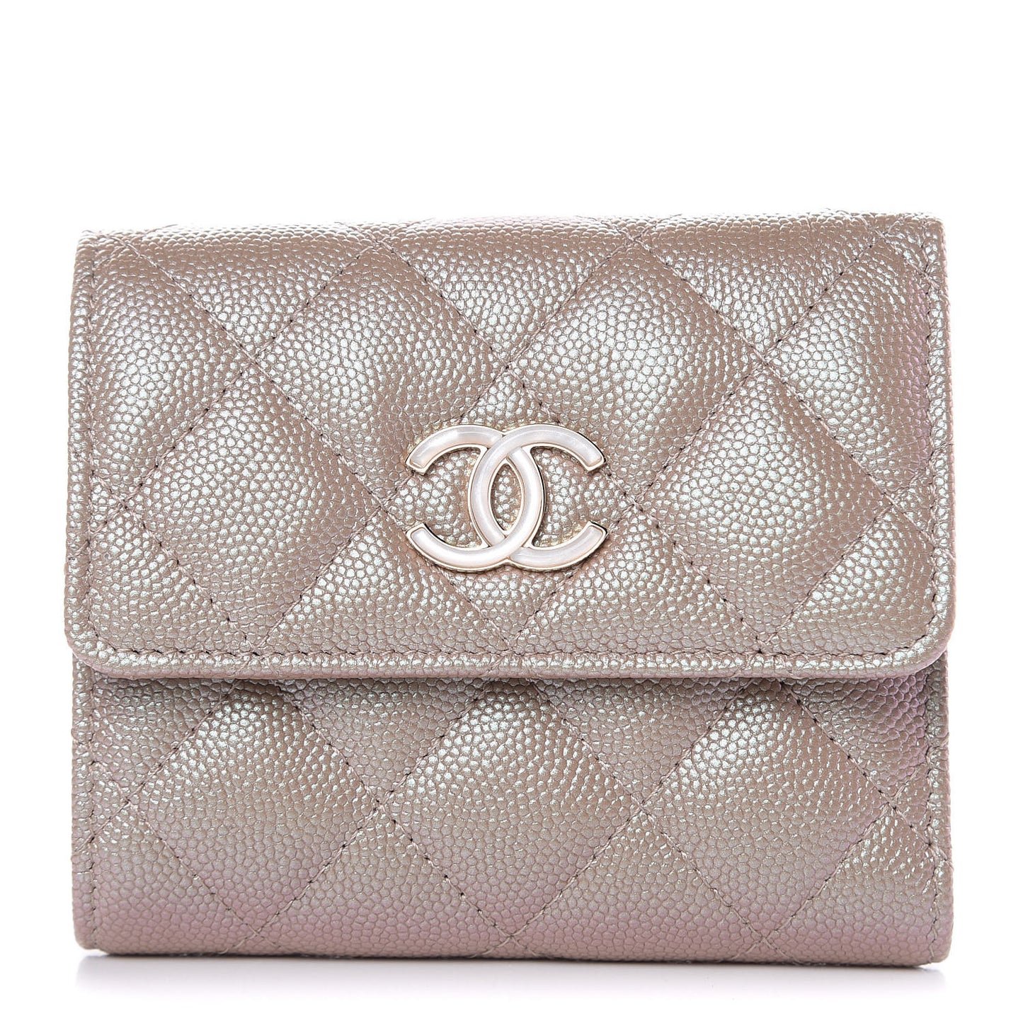 Iridescent Caviar Quilted Small Flap Wallet Beige