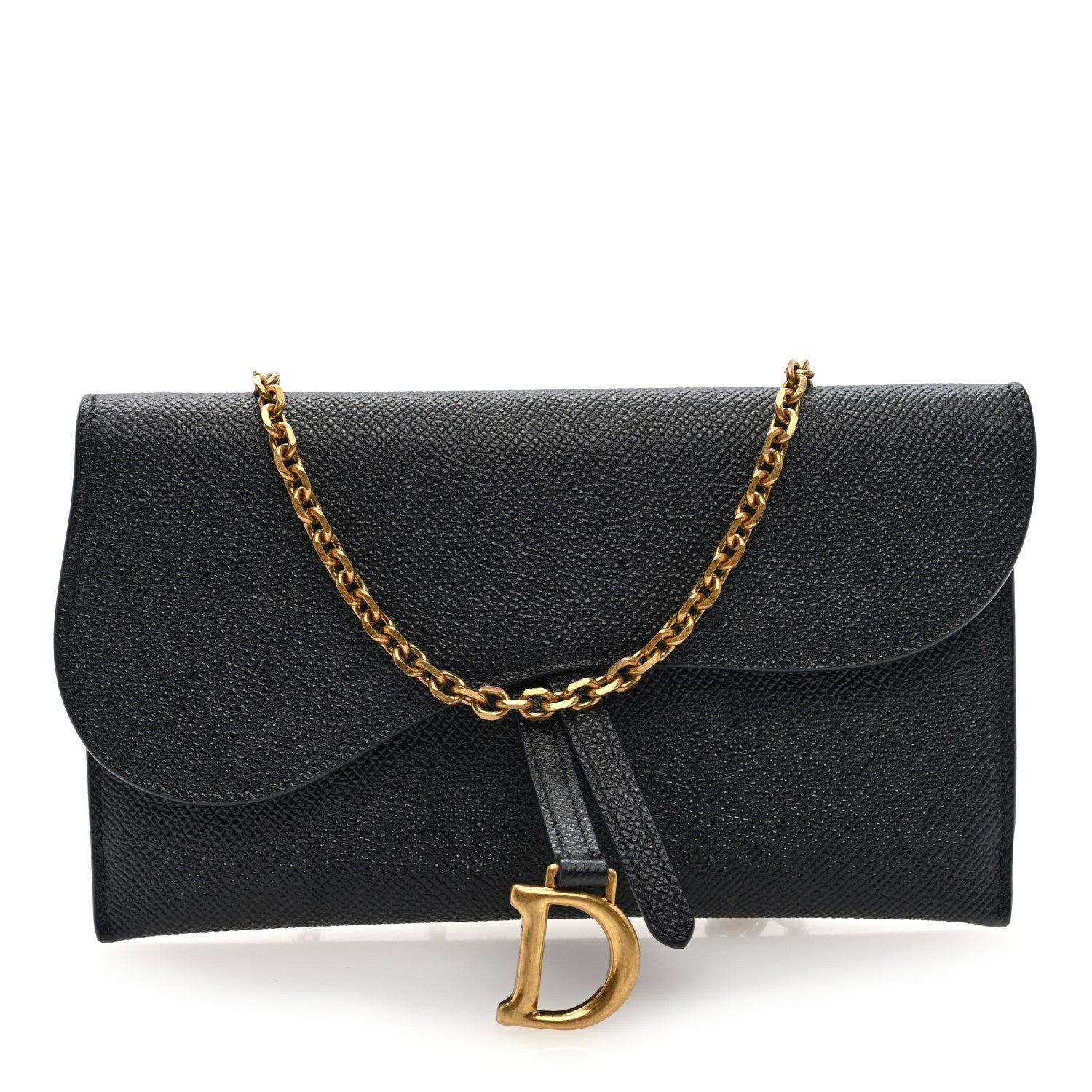Christian Dior Grained Calfskin Saddle Chain Wallet Pouch Black 1 of 10