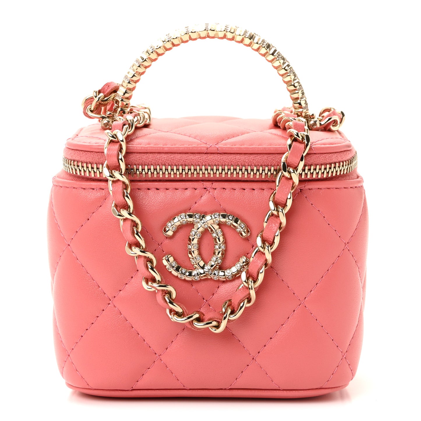 Lambskin Quilted Crystal Top Handle Mini Vanity Case With Chain Coral