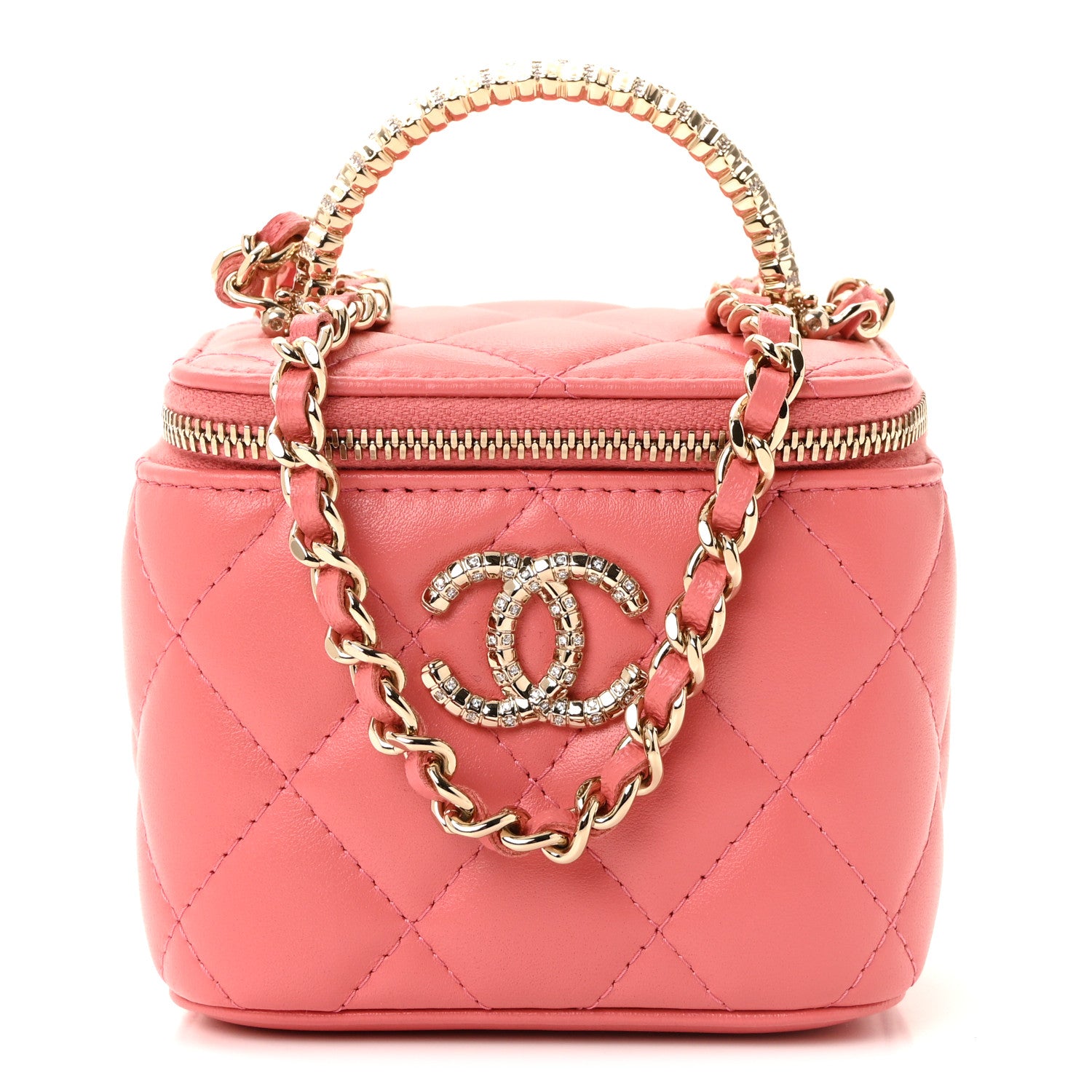 Chanel Lambskin Quilted Crystal Top Handle Mini Vanity Case With Chain Coral 1 of 10