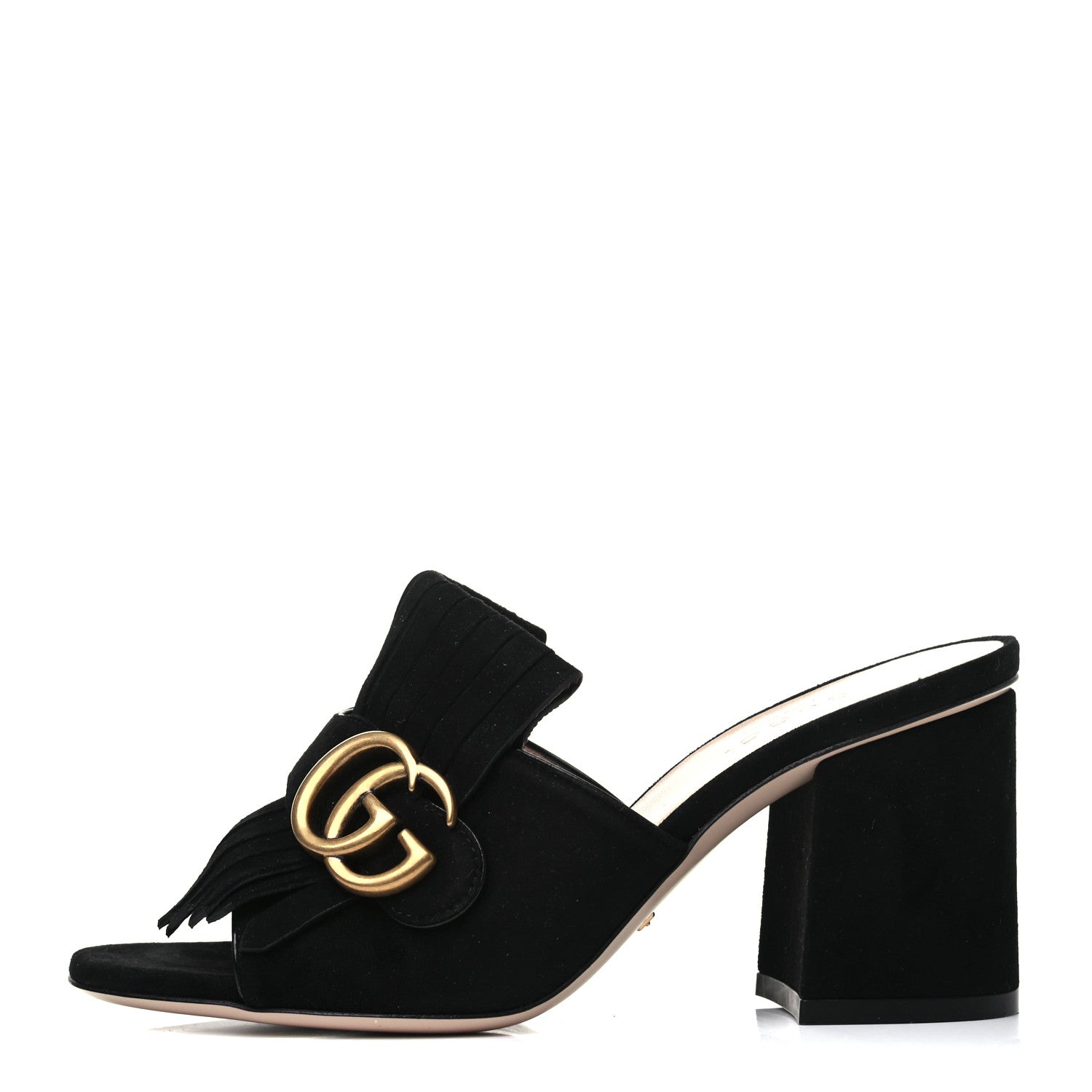 Gucci Kid Scamosciato GG Marmont Fringe 75mm Slide Sandals 35 Black 1 of 8