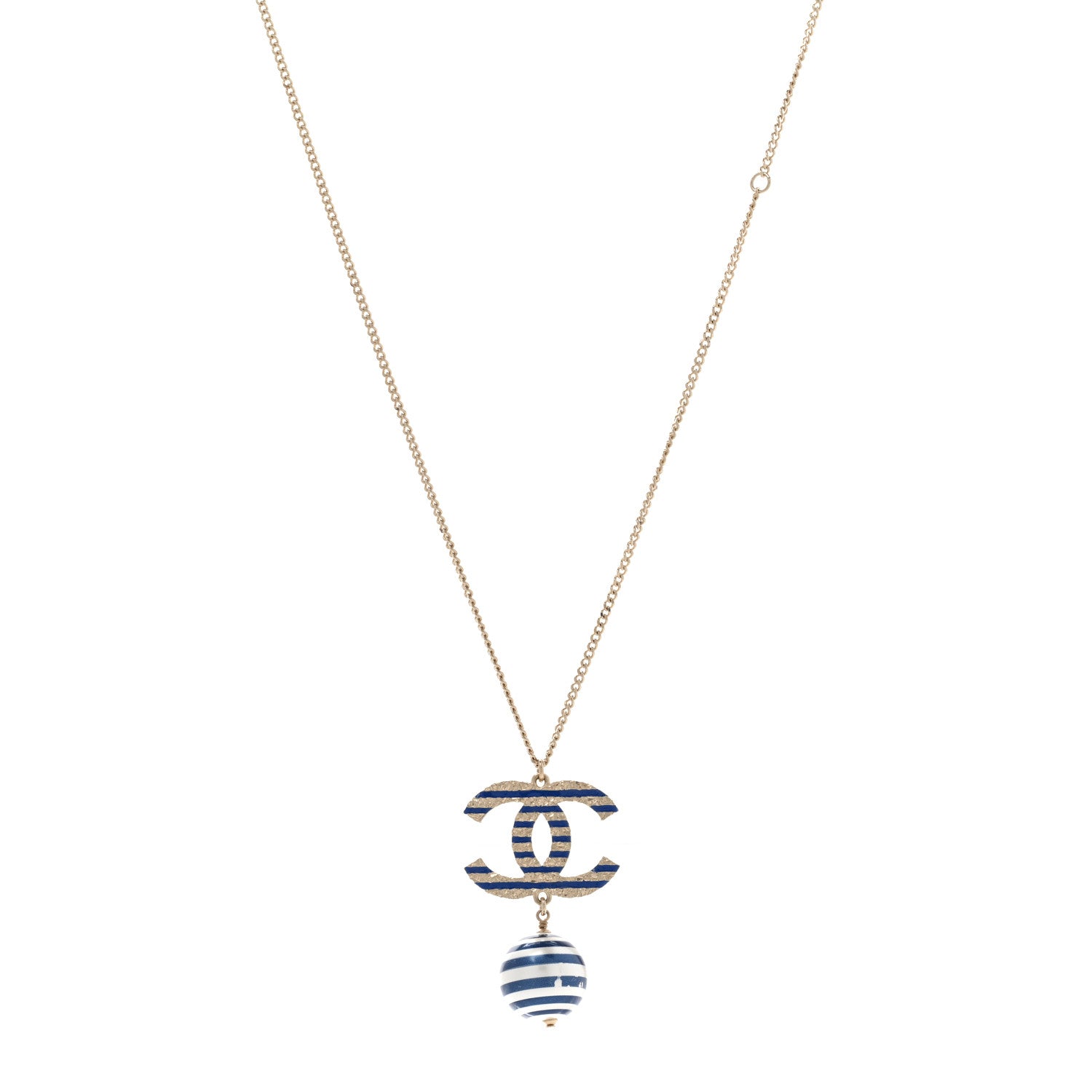 Chanel Resin Pearl Striped CC Drop Necklace Blue Gold 1 of 8
