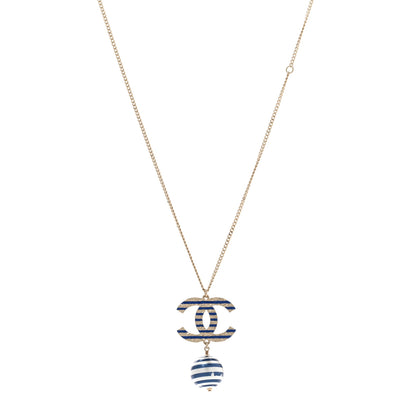 Chanel Resin Pearl Striped CC Drop Necklace Blue Gold 1 of 8