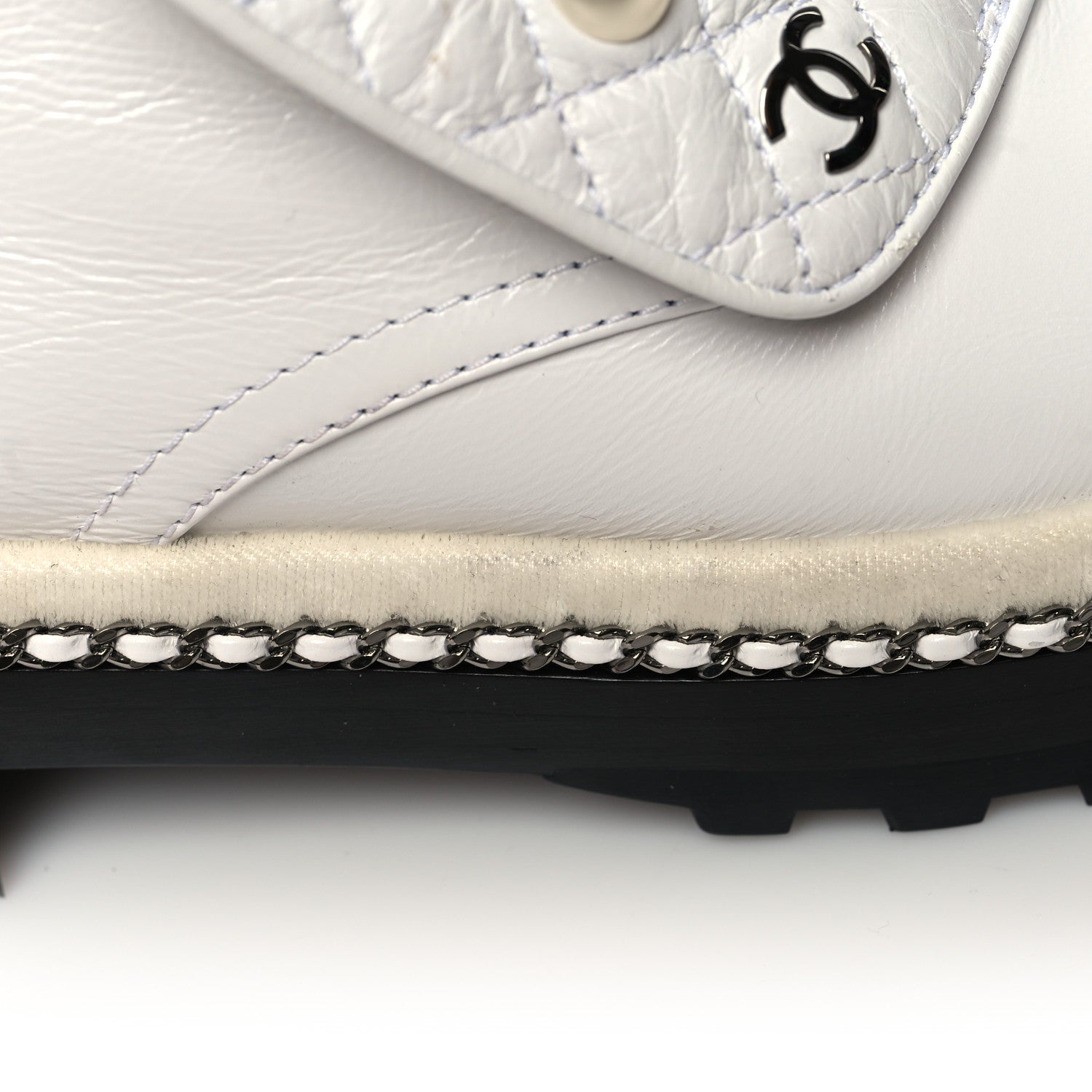 Chanel Crackled Calfskin Pearl Chain CC Combat Short Boots 35.5 White 9 of 10