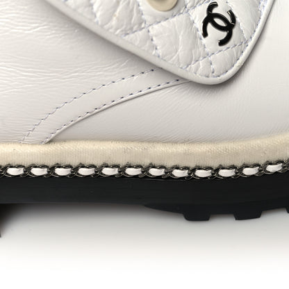 Chanel Crackled Calfskin Pearl Chain CC Combat Short Boots 35.5 White 9 of 10