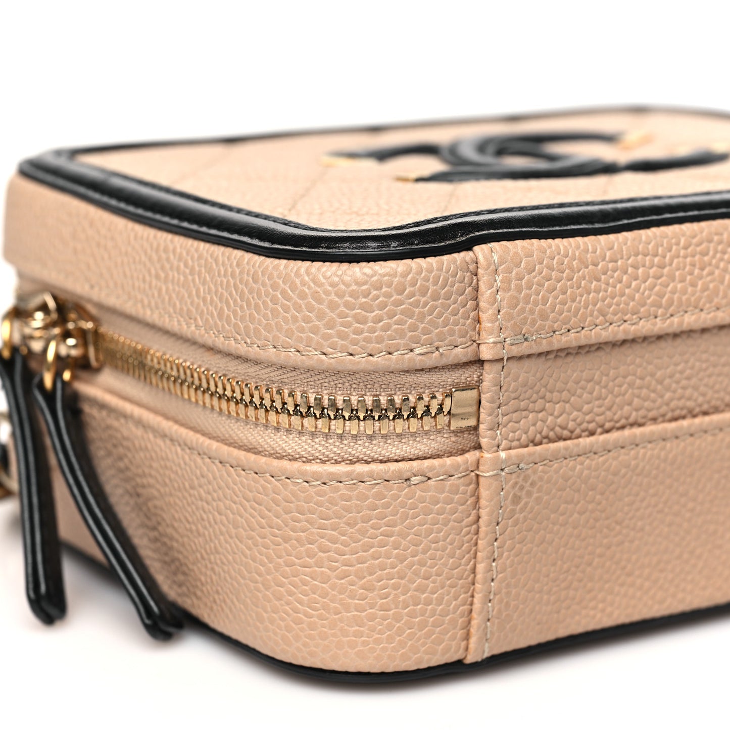 Caviar Quilted Small CC Filigree Vanity Case Beige Black