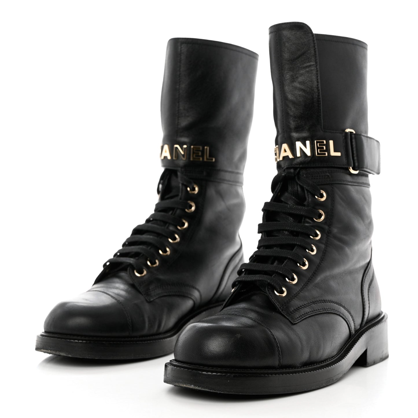 Shiny Calfskin Lace Up Combat Boots 37 Black