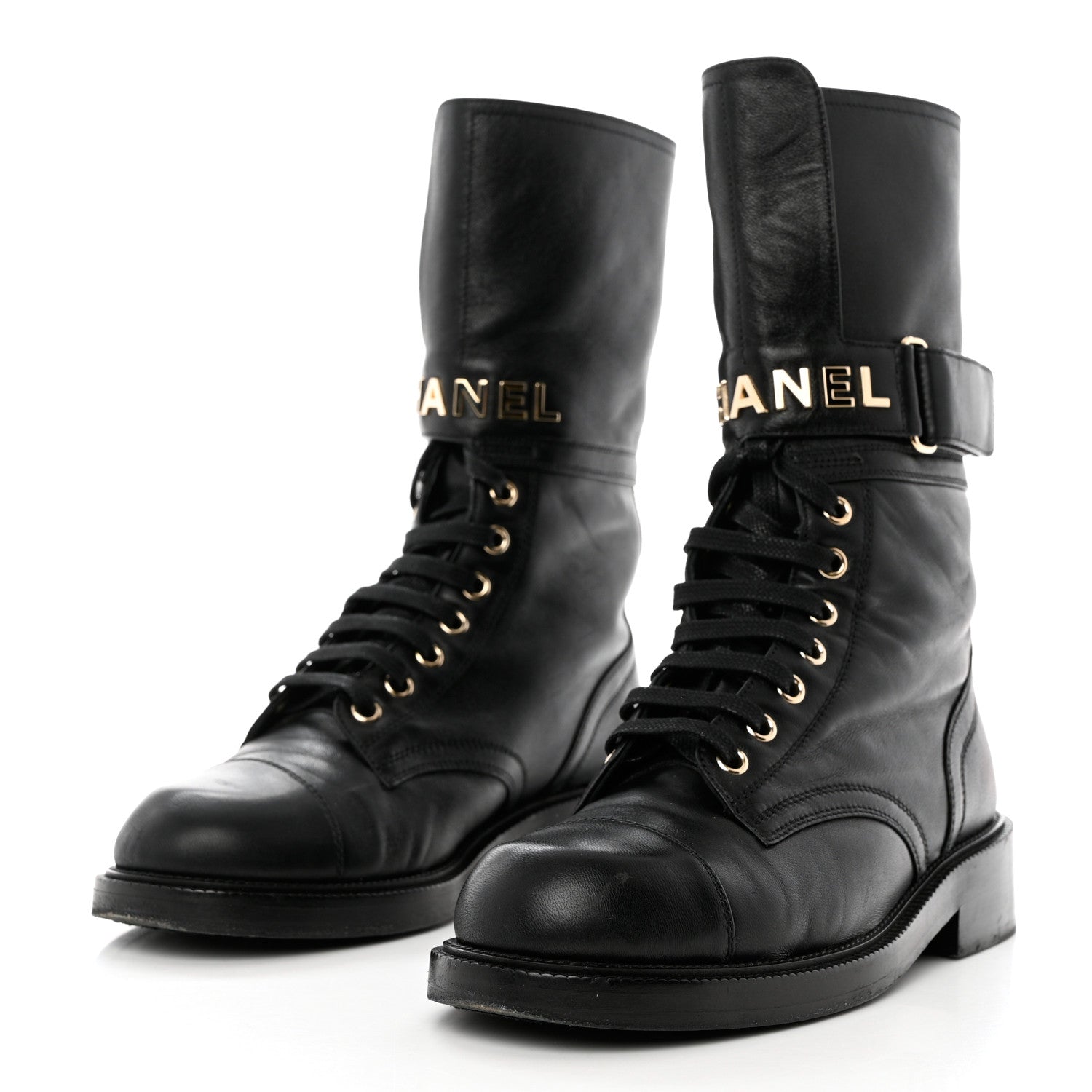 Chanel Shiny Calfskin Lace Up Combat Boots 37 Black 3 of 10