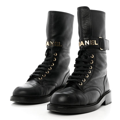Chanel Shiny Calfskin Lace Up Combat Boots 37 Black 3 of 10