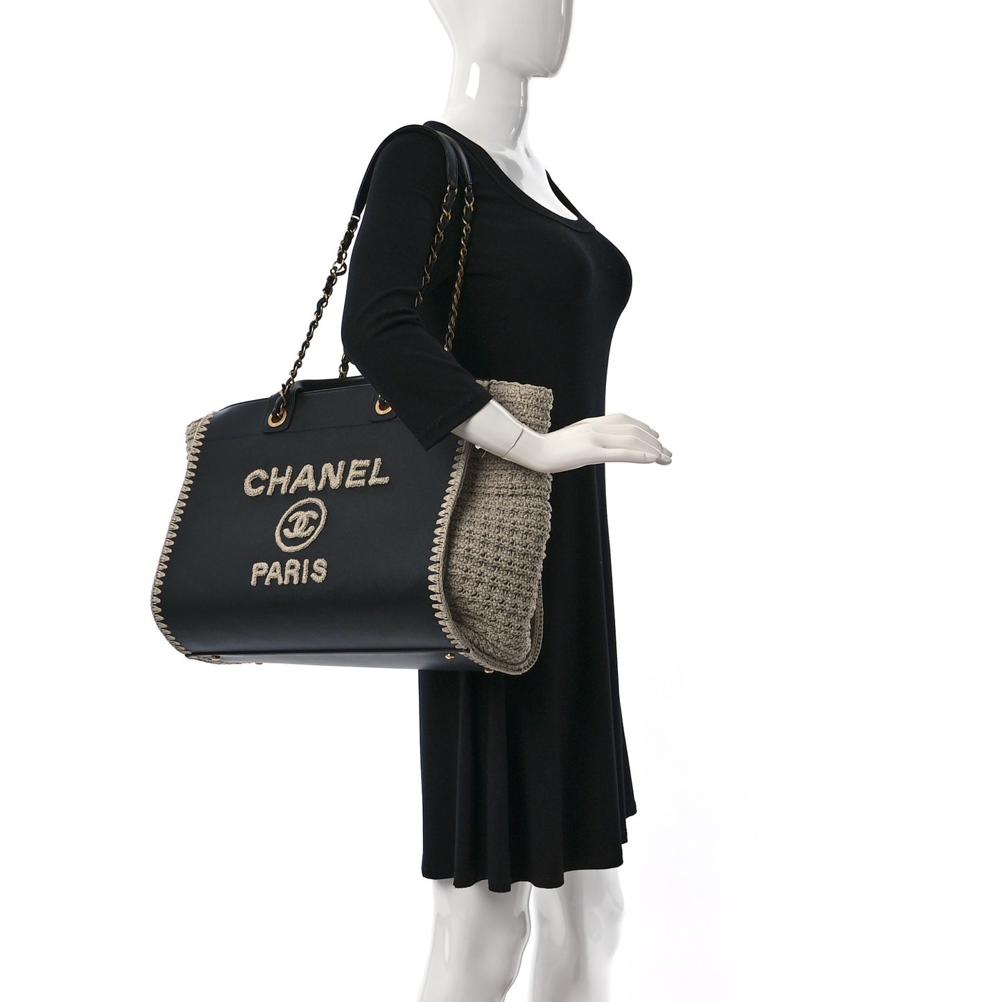 Calfskin Knit Medium Deauville Tote Black Beige