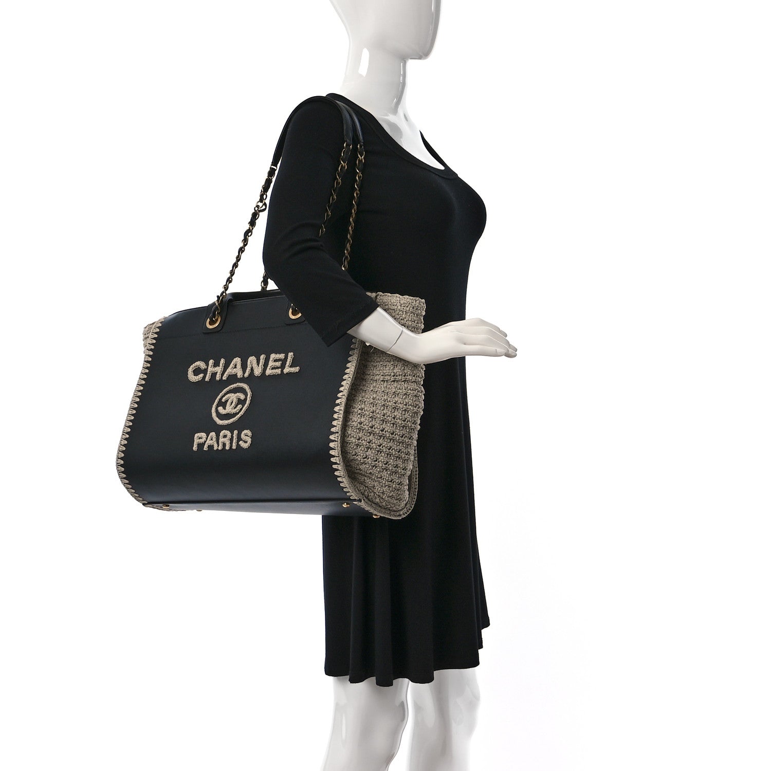 Chanel Calfskin Knit Medium Deauville Tote Black Beige 2 of 11
