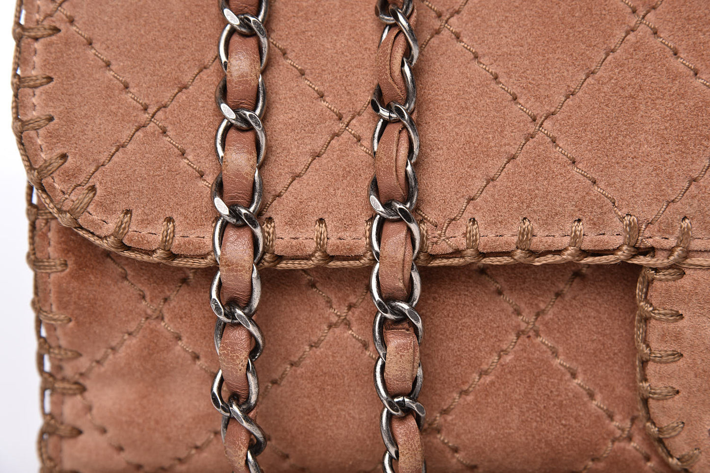 Suede Calfskin Stitch Flap Light Brown