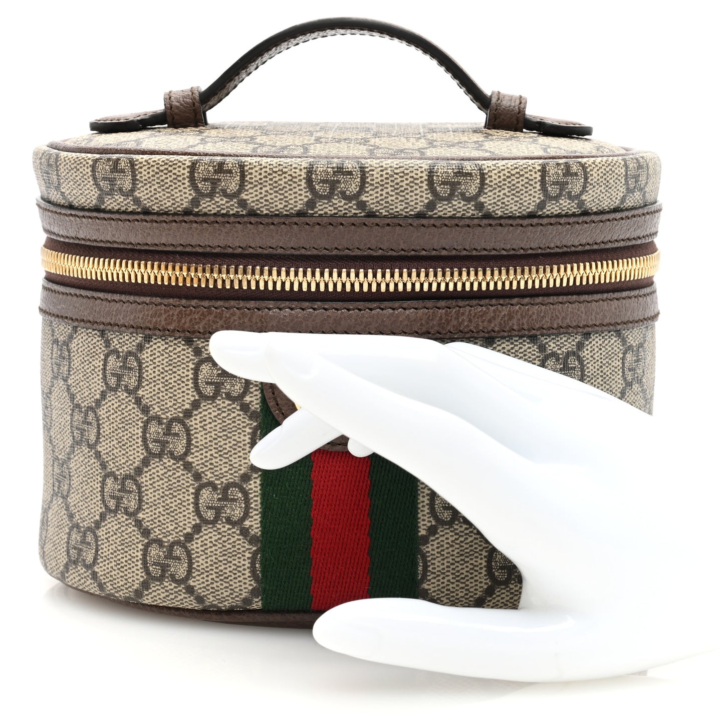 GG Supreme Monogram Textured Calfskin Web Ophidia Vanity Cosmetic Case Beige Ebony New Acero