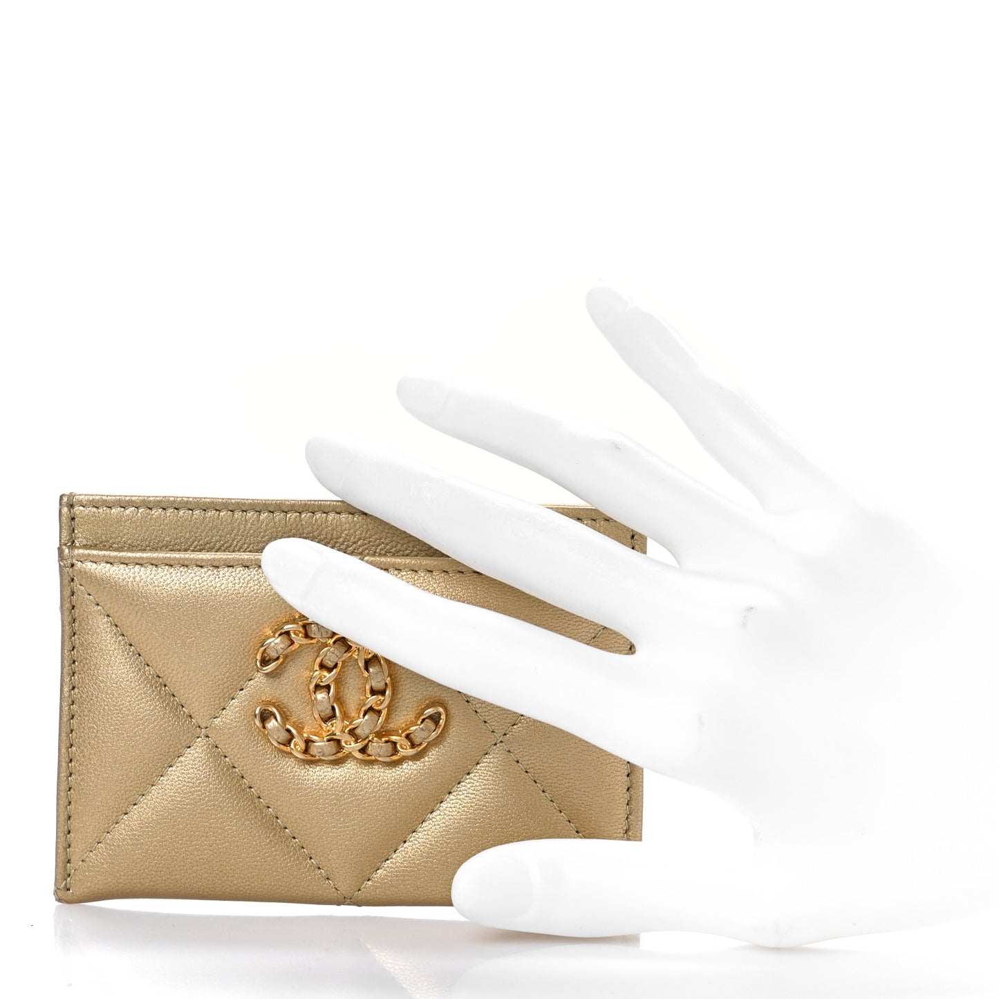 Metallic Lambskin Quilted Chanel 19 Card Holder Gold