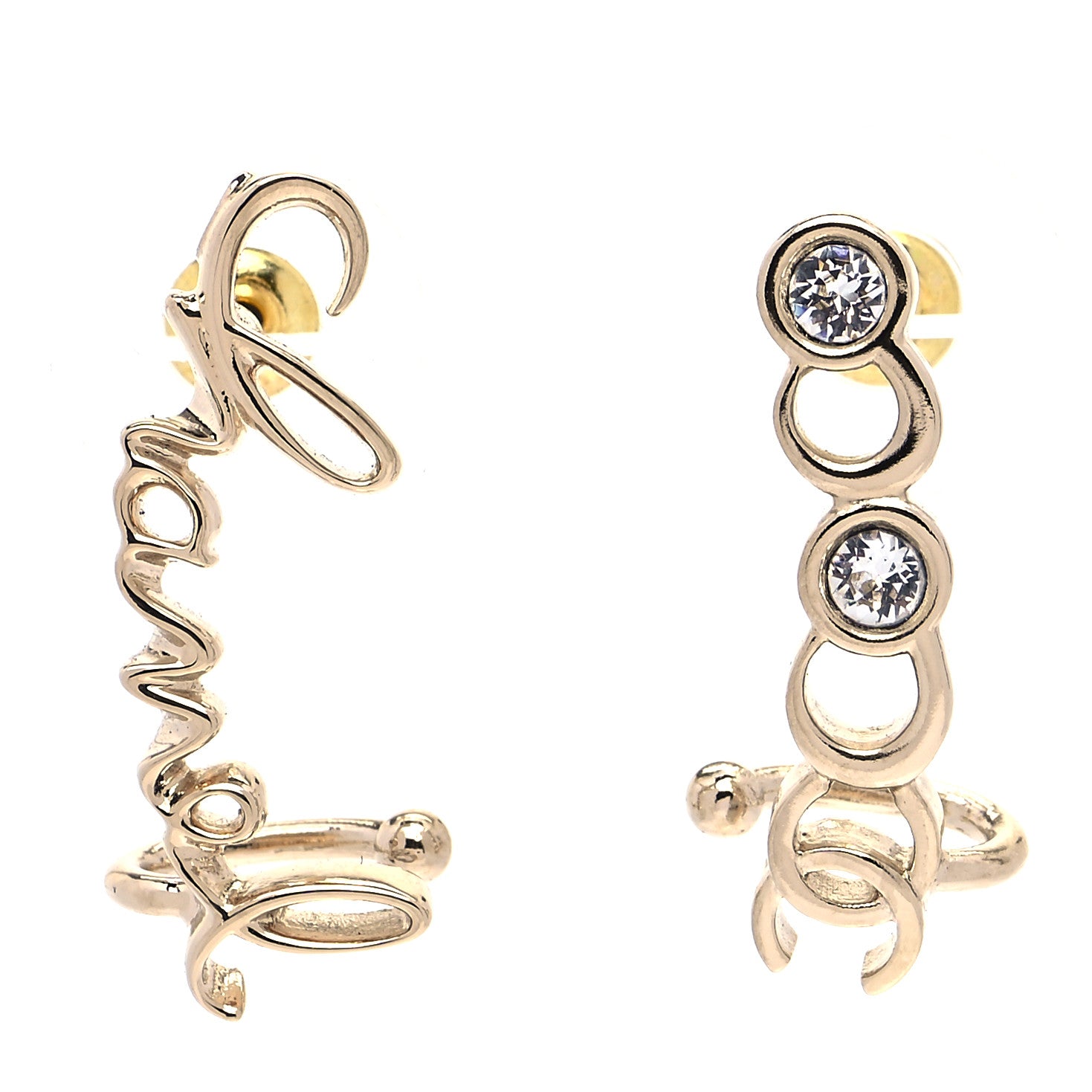 Chanel Metal Crystal Coco Script CC Climber Earrings Gold 1 of 6