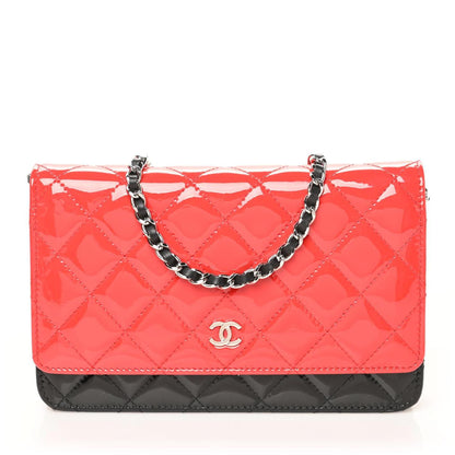 Chanel Patent Quilted Bi-Color Wallet On Chain WOC Red Black 1 of 9