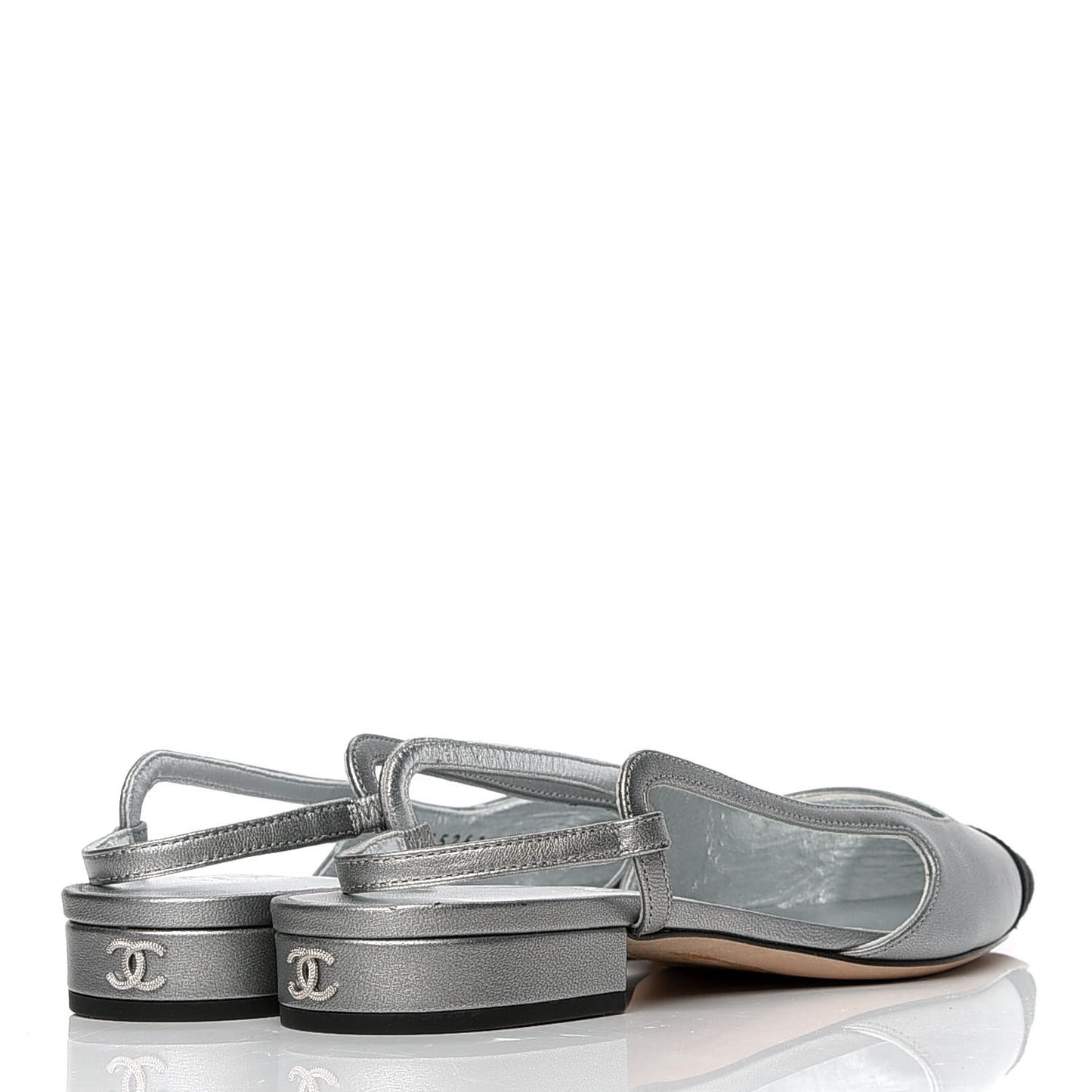 Metallic Lambskin Cap Toe CC Slingback Flats 37 Black Silver