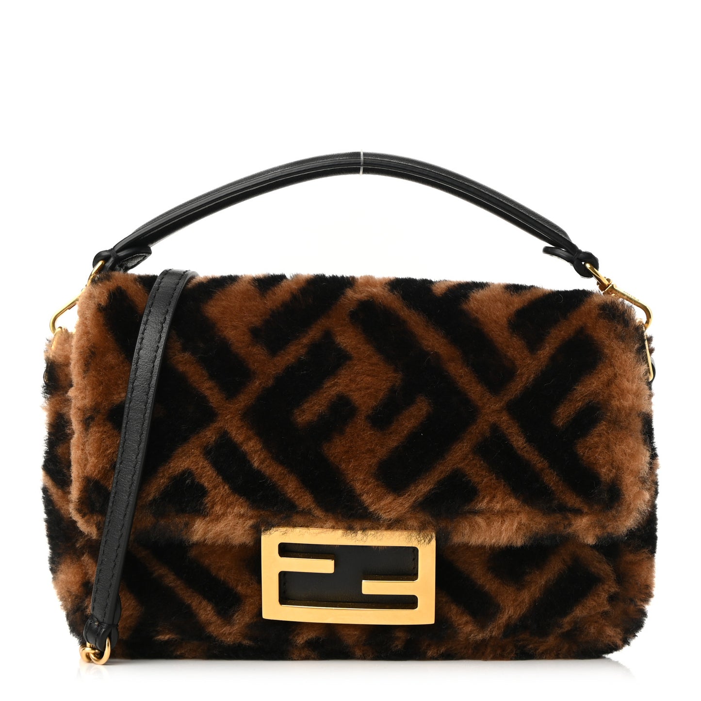 Shearling Vitello Dolce Macro FF 1974 Mini Baguette Tobacco Black