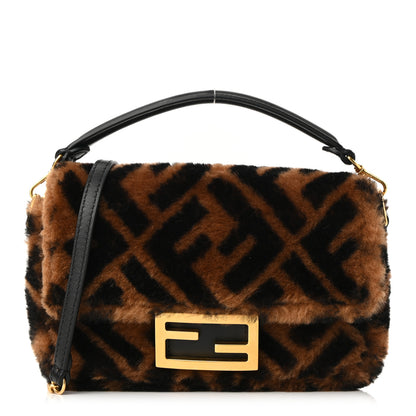Fendi Shearling Vitello Dolce Macro FF 1974 Mini Baguette Tobacco Black 1 of 10