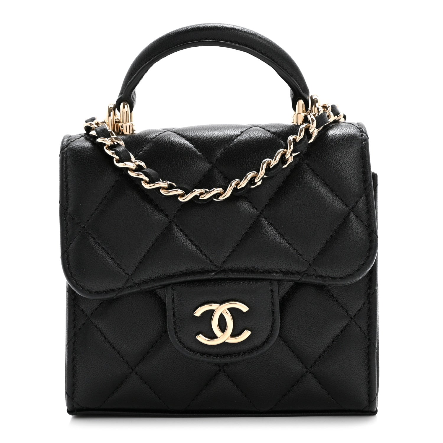 Chanel Lambskin Quilted Top Handle Flap Clutch With Chain Black 1 of 12