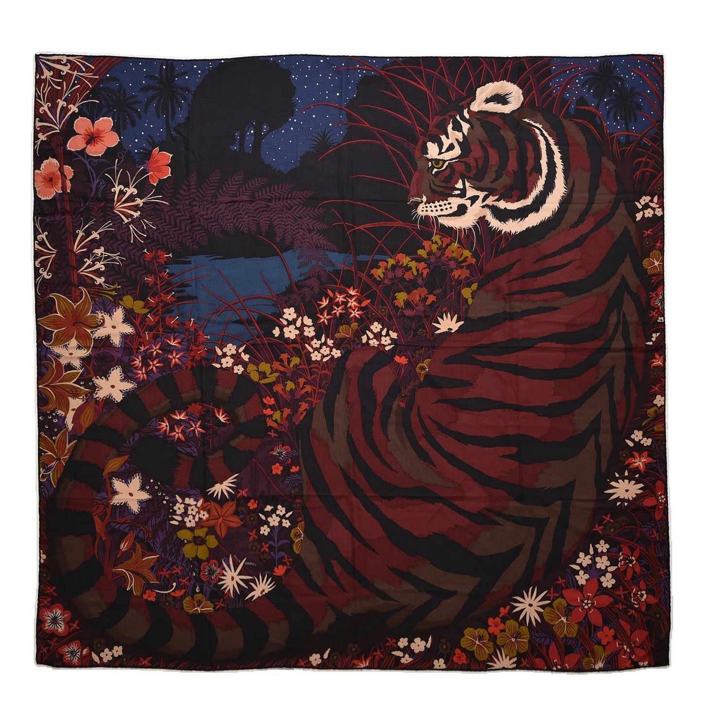 Cashmere Silk Tyger Tyger Shawl 140 Bleu Nuit Acajou Prune