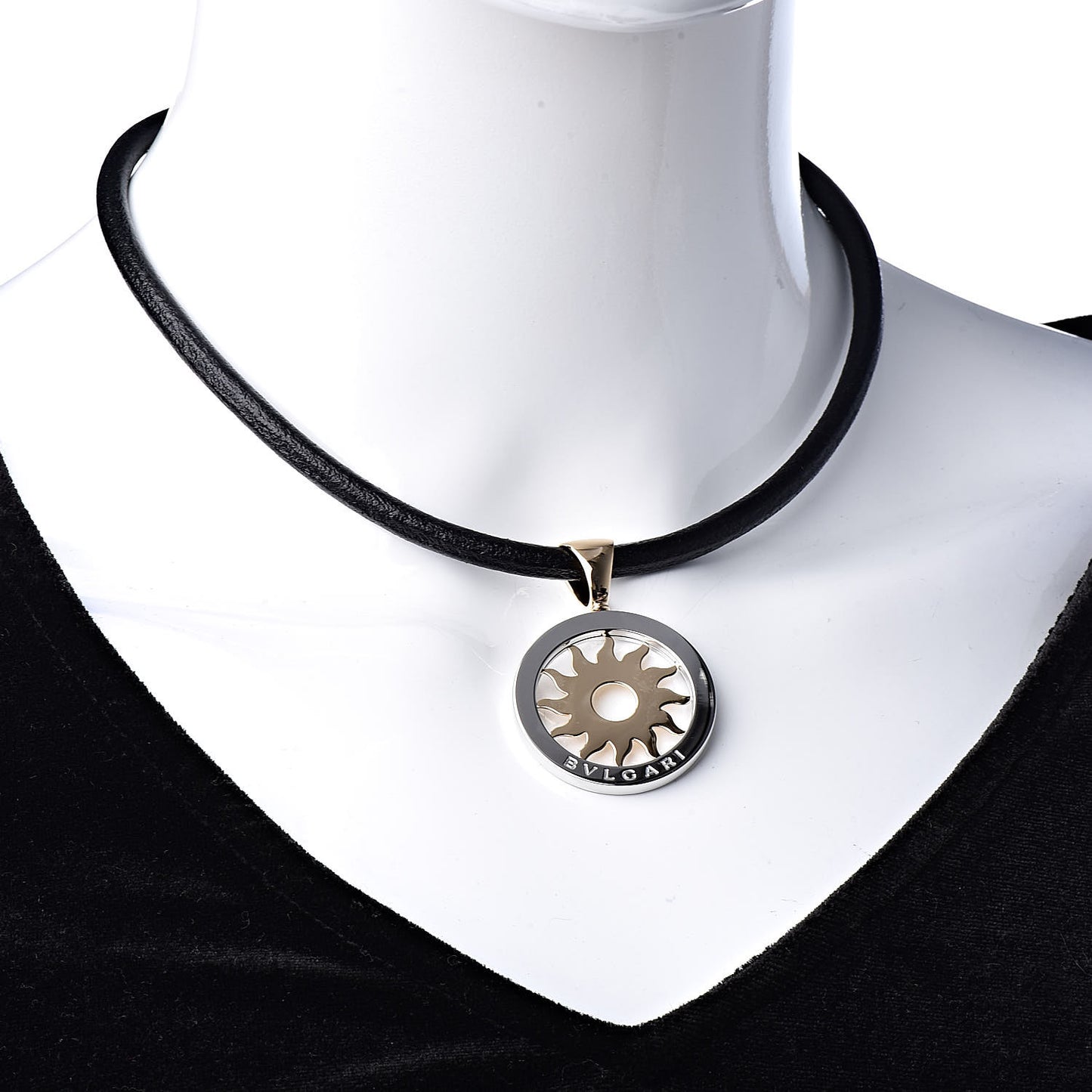 18K Yellow Gold Stainless Steel Calfskin Tondo Sun Pendant Necklace Black