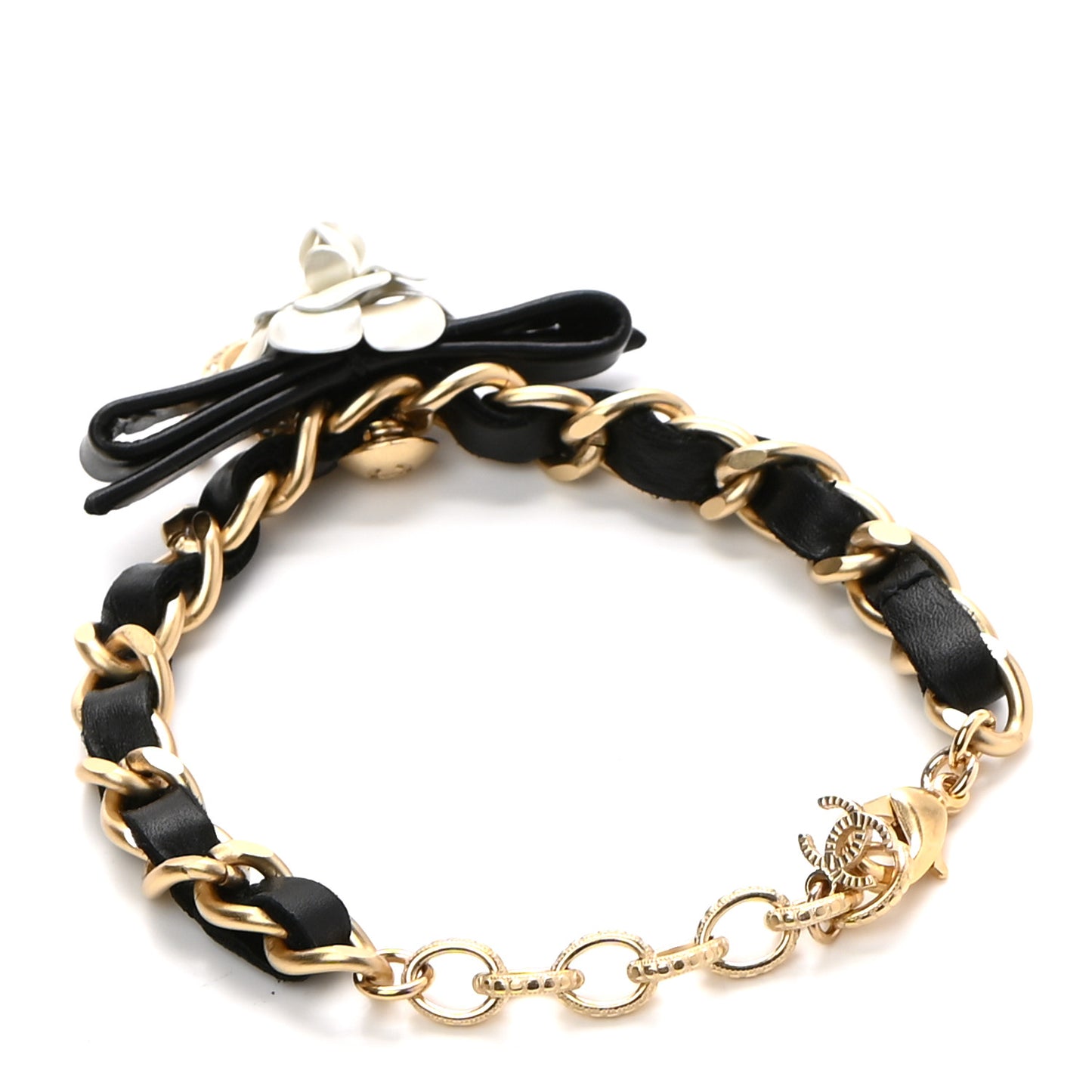 Metal Calfskin Crystal Chain 90's Camellia Bracelet Black Gold