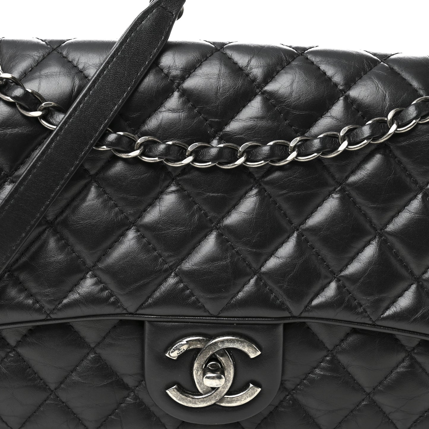Aged Calfskin Quilted Medium Easy Flap Black Black
