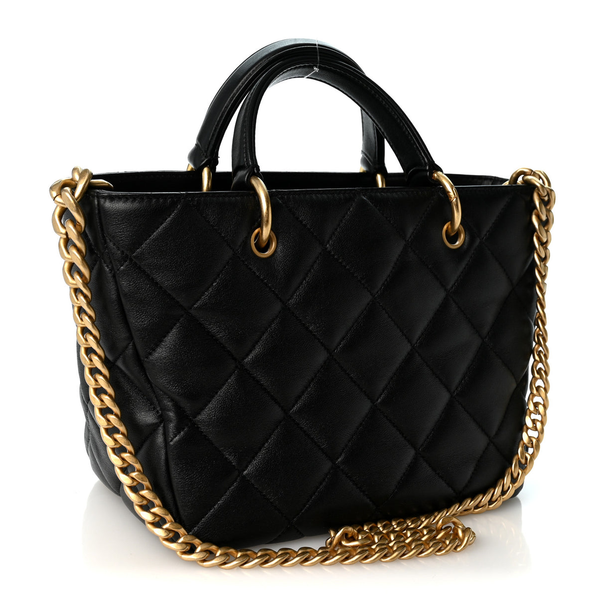 Lambskin Quilted Small Top Handle Shopping Bag Black