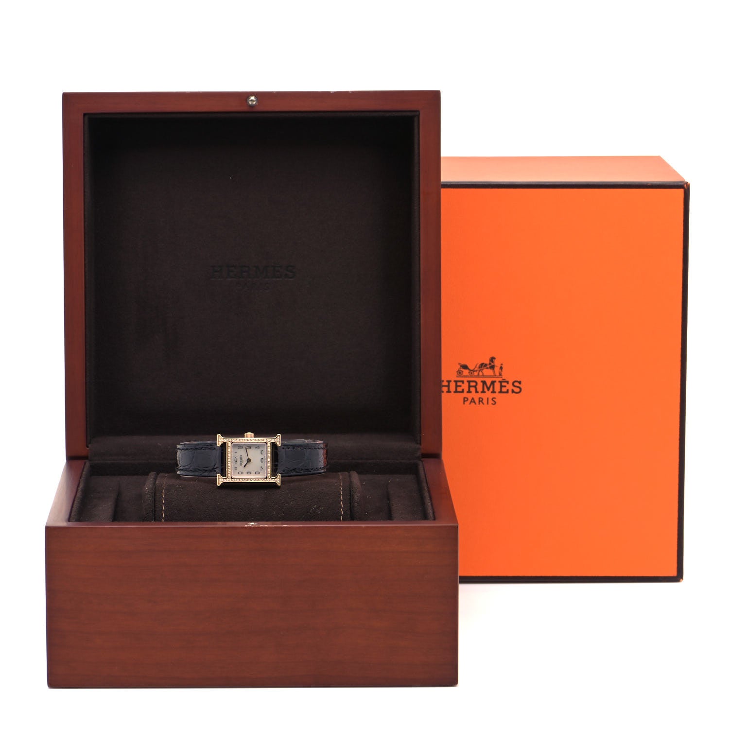 Hermes 18K Rose Gold Alligator Diamond Bezel Mother of Pearl 17.2mm Heure H Hour Quartz Watch Noir 5 of 5